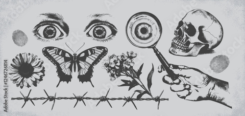 Retro photocopy elements. Vintage stipple effect stickers. Brutalism eyes, butterfly, flowers, skull, hand with magnifying glass. Grunge texture surreal collage