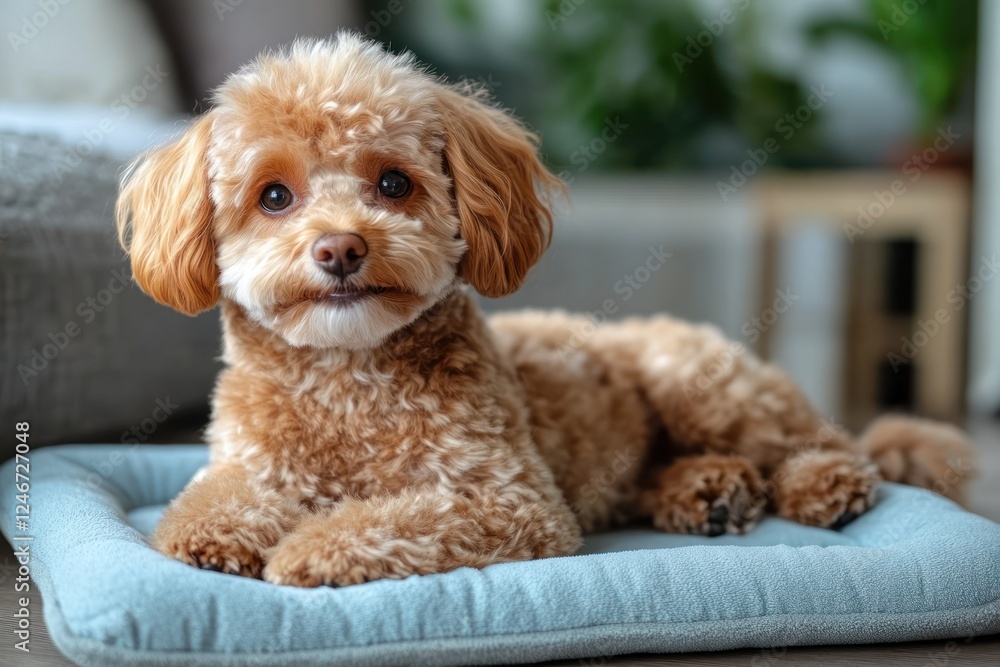 Cute Brown Poodle Puppy Sitting on Light Blue Pet Pad for Training Cute Brown Poodle Puppy Sitting on Light Blue Pet Pad for Training