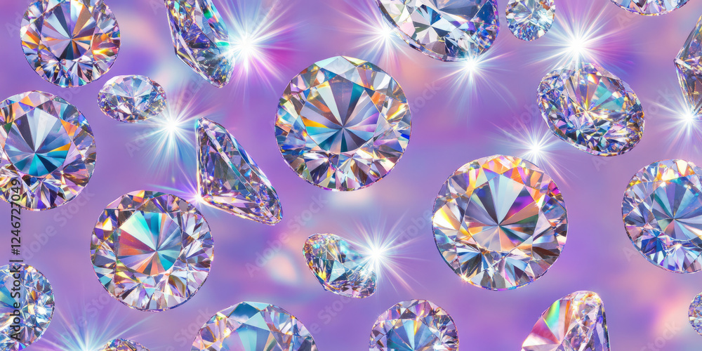 Naklejka premium A royal purple background with diamonds delicately placed, reflecting a vibrant, multicolor glow. The sparkling jewels add depth and luxury to the backdrop, ideal for creating elegant designs for high
