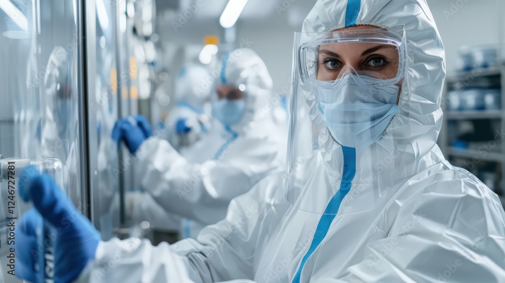 A woman in a lab coat and a mask is holding a test tube A woman in a lab coat and a mask is holding a test tube