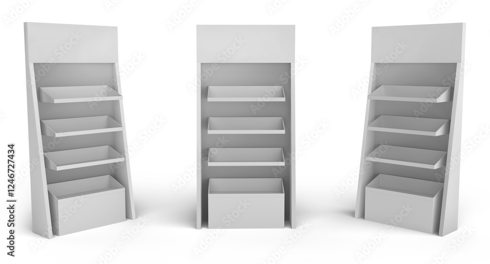 Supermarket Promotional Display Rack, Empty Product Display, PDQ Display Box With Three Different View, Floor Stand Display. 3D Render Illustration. Supermarket Promotional Display Rack, Empty Product Display, PDQ Display Box With Three Different View, Floor Stand Display. 3D Render Illustration.
