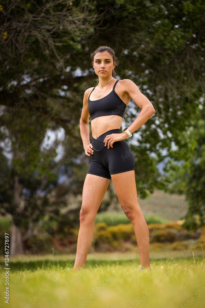 Young female athlete in black sportswear exercising outdoors in a scenic rural setting. Captured in various poses, including stretching, jumping, and smiling. Young female athlete in black sportswear exercising outdoors in a scenic rural setting. Captured in various poses, including stretching, jumping, and smiling.