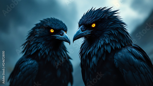 Two mystical ravens, Hugin and Munin, with bright yellow eyes, have a silent conversation against a stormy blue-gray background, symbolizing Norse myth. photo