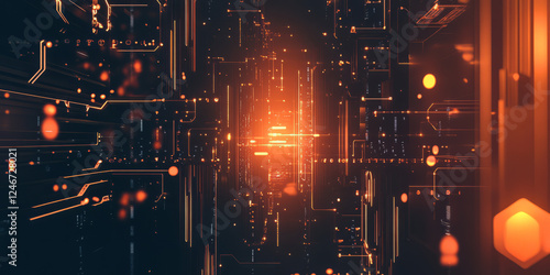 A futuristic burnt orange abstract background with holographic elements and subtle iridescent highlights, creating a sci-fi aesthetic.