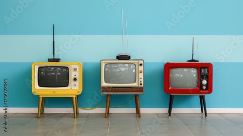 Three old fashioned televisions are lined up against a blue wall