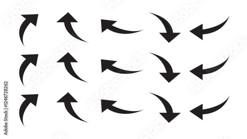 Diverse collection of twelve thick black curved arrows pointing in multiple directions, excellent for digital navigation.