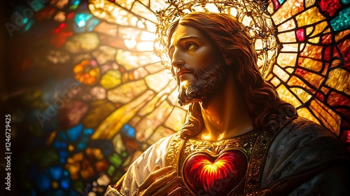 A luminous stained glass depiction of the Sacred Heart of Jesus, glowing with divine fire and surrounded by a crown of thorns, Jesus with a serene expression and a golden halo,