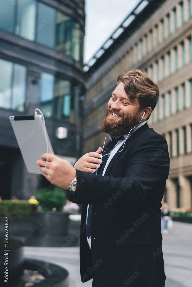 Cheerful young man with bushy beard having video call Cheerful young man with bushy beard having video call