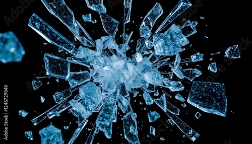 Exploding ice, shattered glass fragments, dynamic frozen burst, blue crystal shards, high-speed photography, black background, macro detail, abstract texture, icy explosion, fractured surface