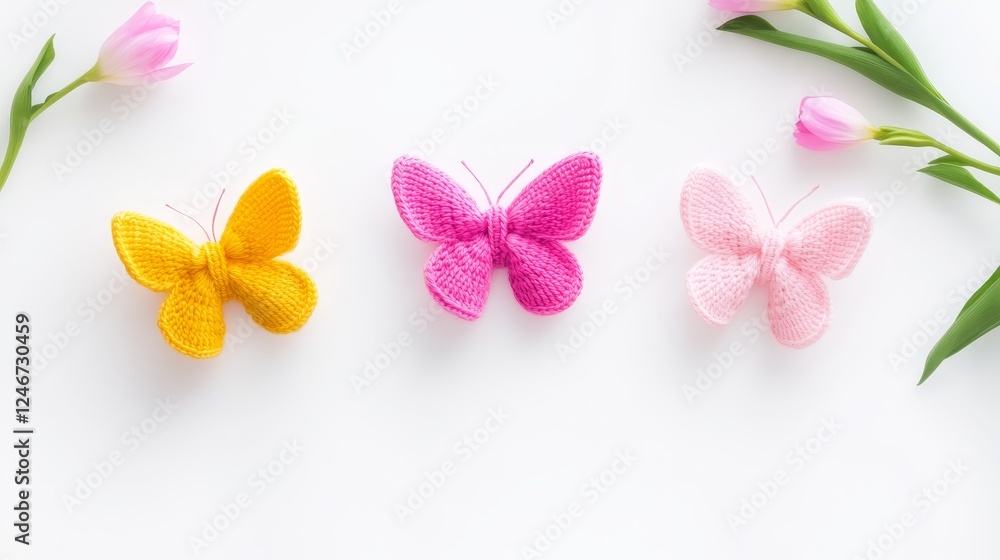 Obraz premium Handmade crocheted butterflies in pastel colors on white linen with soft cotton yarn and intricate lace patterns