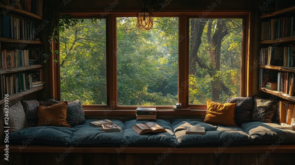 Fototapeta premium Comfortable window seat with books and cushions