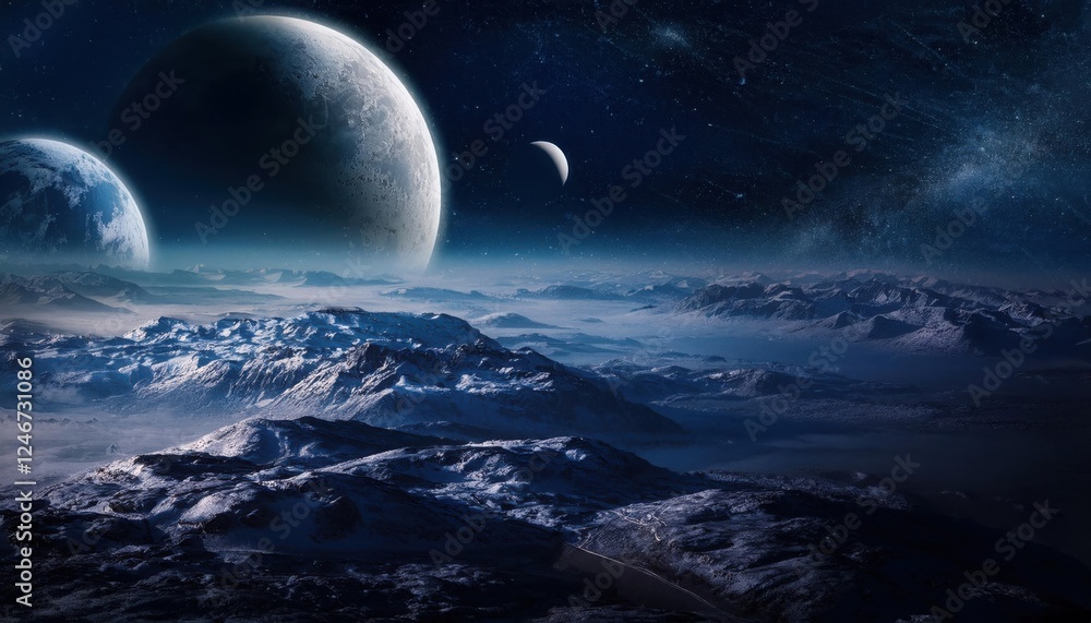 Vast alien landscape under a starlit sky with multiple moons and distant planets visible in the horizon Vast alien landscape under a starlit sky with multiple moons and distant planets visible in the horizon