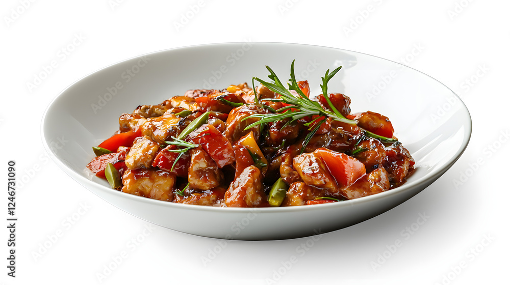 Delicious Chicken Dish with Vegetables in White Bowl on Table Delicious Chicken Dish with Vegetables in White Bowl on Table