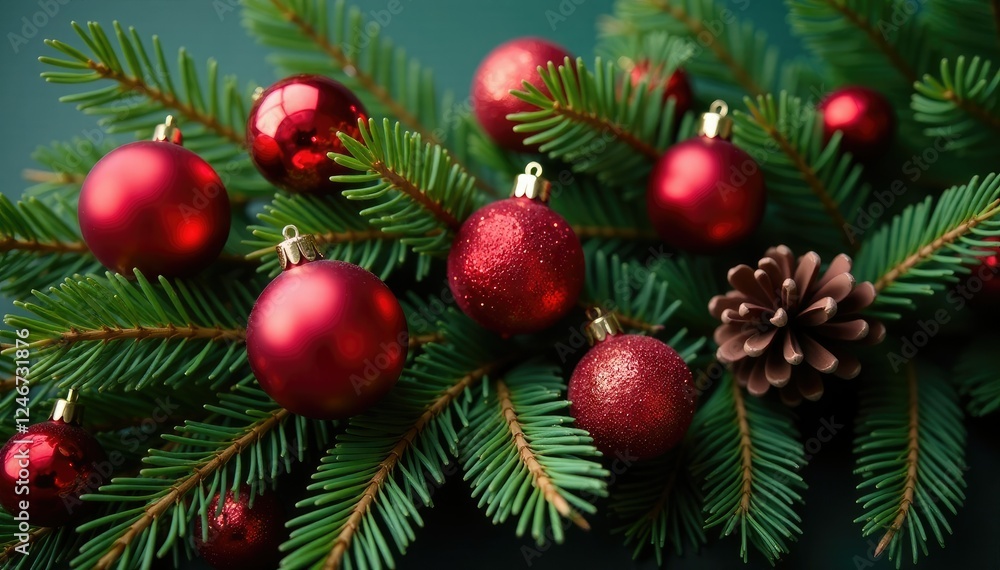 Pine branches intertwined with red glass ball ornaments and pinecones in a decorative arrangement, winter wonderland, fir, festive decor Pine branches intertwined with red glass ball ornaments and pinecones in a decorative arrangement, winter wonderland, fir, festive decor