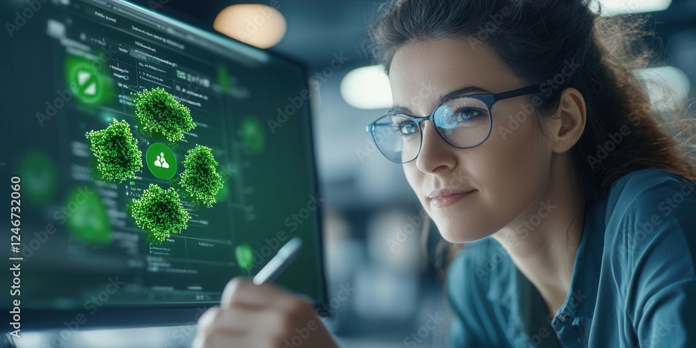 Sustainability diversity and digital transformation. A focused woman analyzes digital data on a screen, with visual representations of viruses and coding in a modern workspace. Sustainability diversity and digital transformation. A focused woman analyzes digital data on a screen, with visual representations of viruses and coding in a modern workspace.