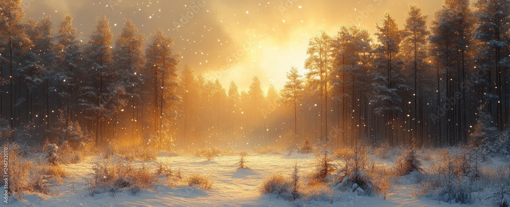 Snowy Winter Landscape with Blurred Forest and Soft Sunlight, Gently Falling Snowflakes in Calm Blue Sky Snowy Winter Landscape with Blurred Forest and Soft Sunlight, Gently Falling Snowflakes in Calm Blue Sky