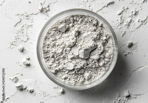 Petri dish with calcium carbonate powder on a white background, top view