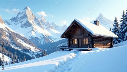 Snowy mountain hut with a sloping roof and wooden beams, mountains, snow photo