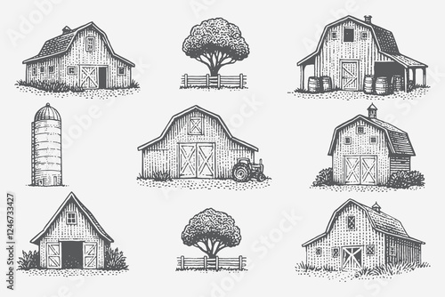 Collection of countryside barns showing different architectural styles