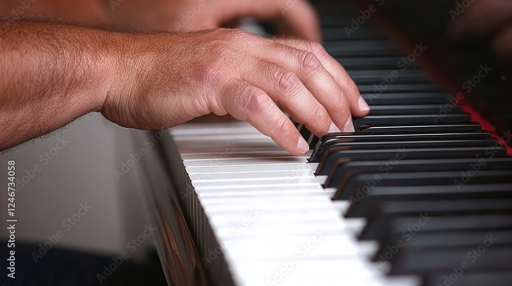 Fototapeta premium Close up of Man s Hands Playing Piano Keys Musical Instrument