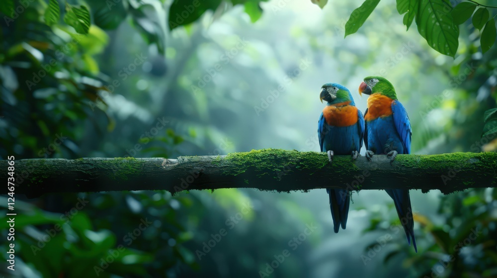 Two parrots are perched on a branch in a lush green forest Two parrots are perched on a branch in a lush green forest