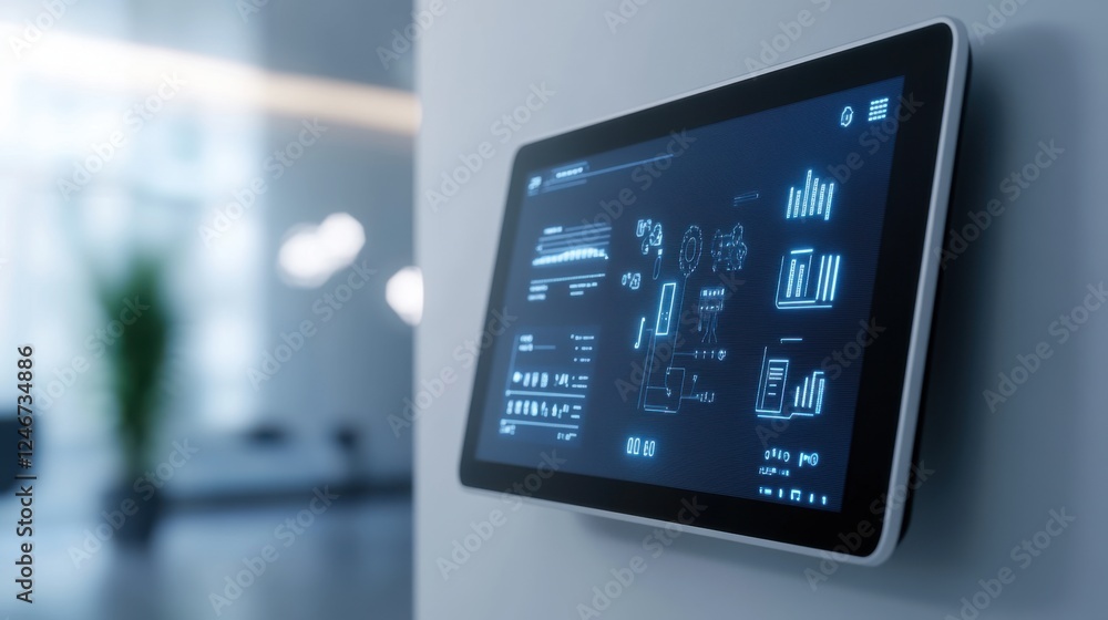 Modern Digital Display Panel Showing Data Analytics and Graphical User Interface in Bright Office Environment Modern Digital Display Panel Showing Data Analytics and Graphical User Interface in Bright Office Environment
