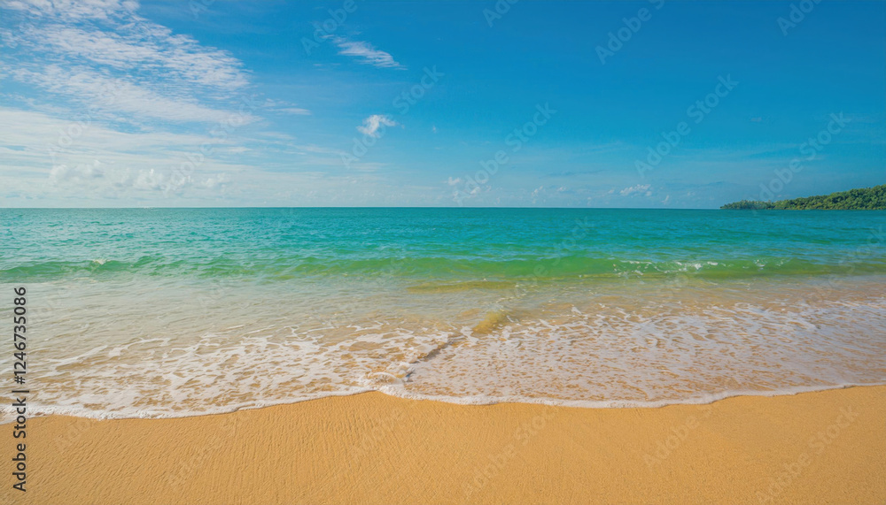 Tranquil tropical beach with golden sand and azure sea under a clear sky perfect for relaxation and travel Tranquil tropical beach with golden sand and azure sea under a clear sky perfect for relaxation and travel