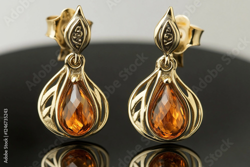 Earrings with amber inserts close-up photo