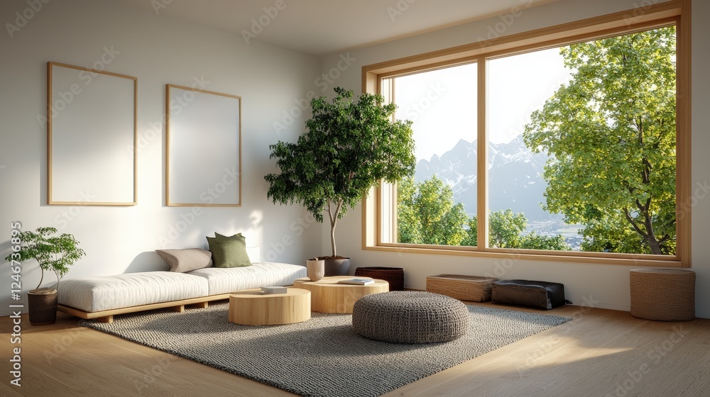 Fototapeta premium Modern living room interior featuring a comfortable couch and a decorative indoor tree in natural light