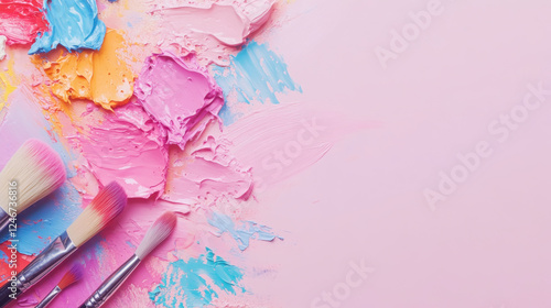 Vibrant artscape with painters palette and brushes on a pastel background photo