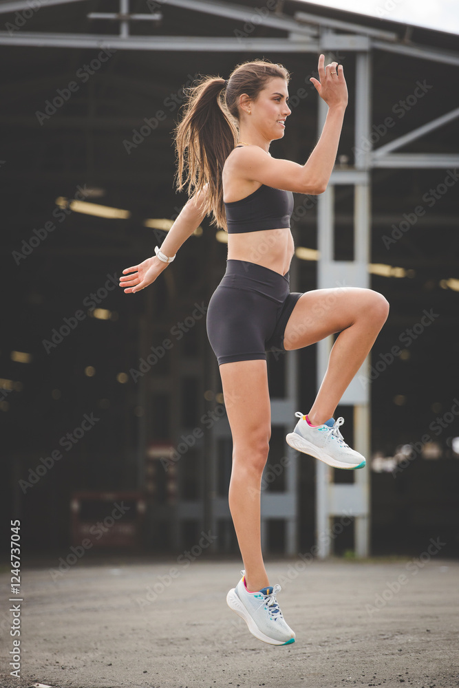 Young female athlete wearing black sportswear, engaging in various fitness poses outdoors against a modern industrial backdrop. Young female athlete wearing black sportswear, engaging in various fitness poses outdoors against a modern industrial backdrop.