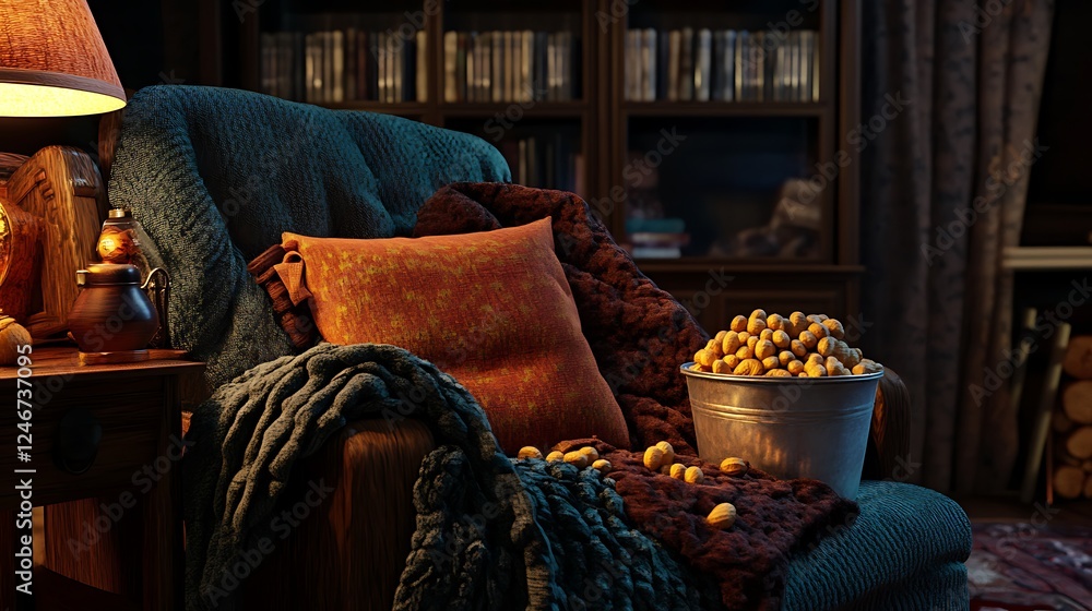 A comfortable home viewing arrangement complete with warm pillows a big bucket of peanuts on an armchair