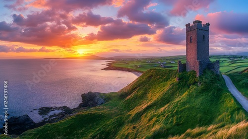 Sunset over an old stone castle tower
