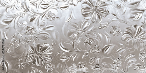 Polished silver-plated background with intricate floral etchings, giving it a delicate and refined feel. The bright, reflective surface brings sophistication to designs for luxury goods, high-end photo