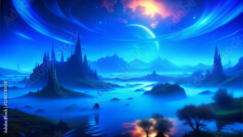 Wallpaper Mural Stunning cosmic landscape with glowing planets and mysterious mountains at twilight Torontodigital.ca