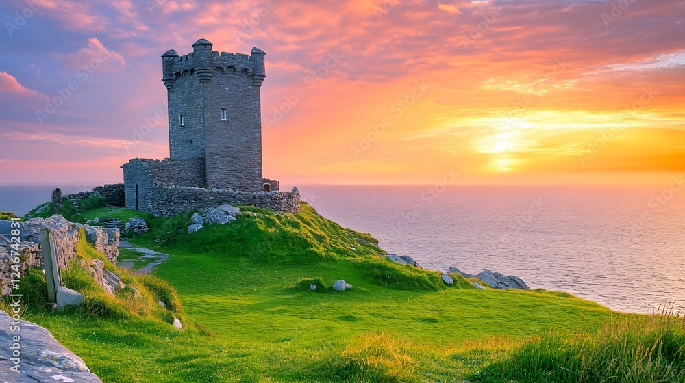 Sunset over an old stone castle tower
Sunset over an old stone castle tower