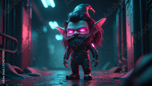 A cartoonish fantasy figure with pointed ears and glowing pink eyes stands in a dark, futuristic corridor. The character has a beard and wears a hat. photo