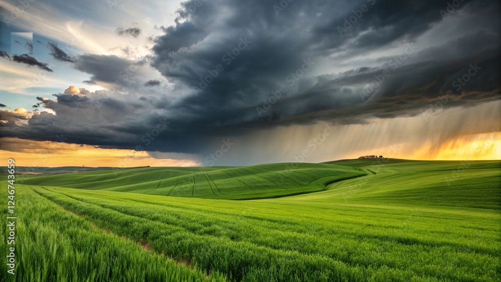 Dramatic sky over green agricultural field at sunset Dramatic sky over green agricultural field at sunset