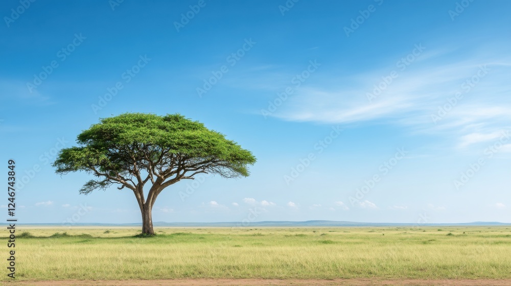 Obraz premium Solitary Acacia Tree Under Clear Blue Sky Amidst Lush Green Grass Landscape in African Savanna Environment