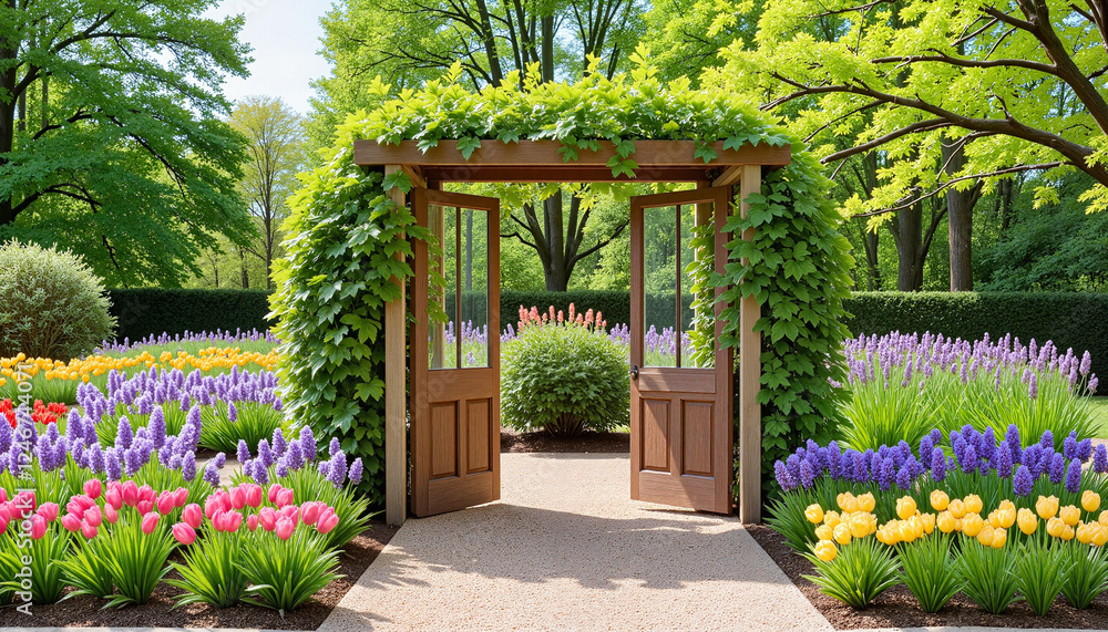 Fototapeta premium Quaint spring garden with blooming flowers and rustic wooden arch, peaceful outdoor scene