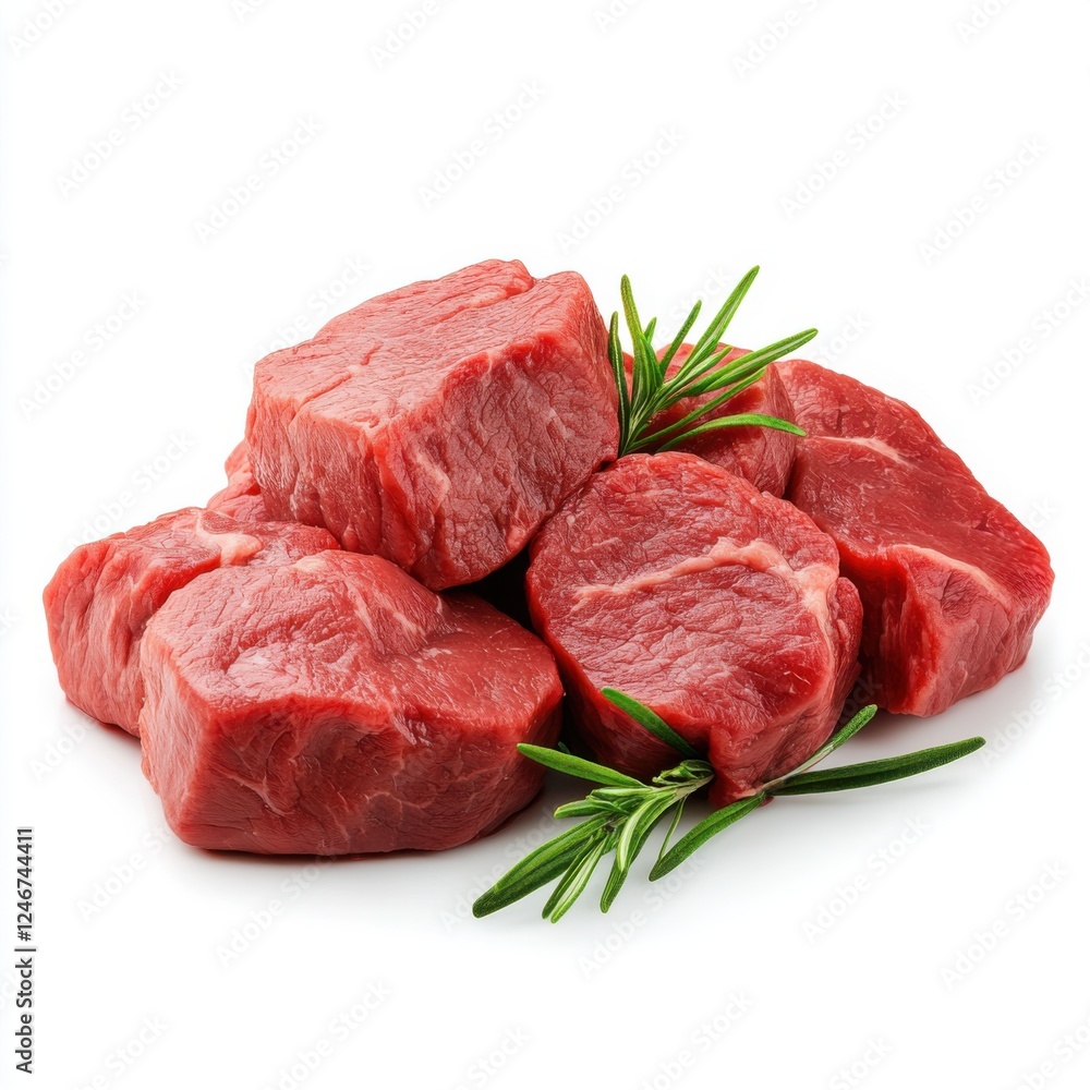 Fresh Cuts of Raw Red Meat with Green Rosemary Sprigs on a White Background for Culinary Use Fresh Cuts of Raw Red Meat with Green Rosemary Sprigs on a White Background for Culinary Use