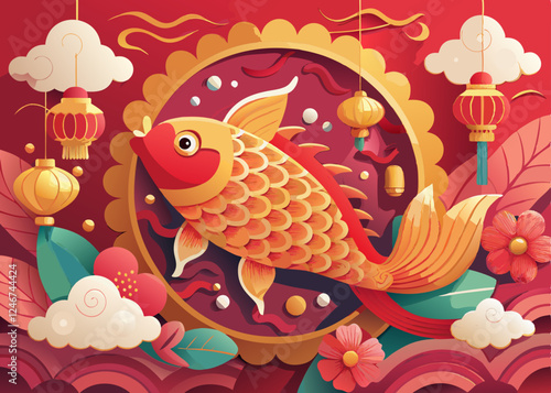 Chinese New Year Celebration with Golden Koi Fish and Prosperity Symbols