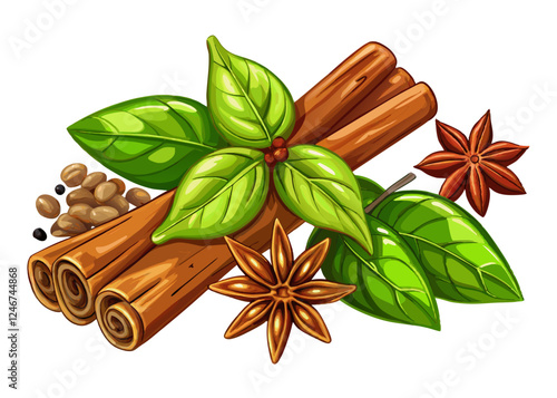 Detailed Illustration of Cinnamon Sticks, Star Anise, and Fresh Basil Leaves