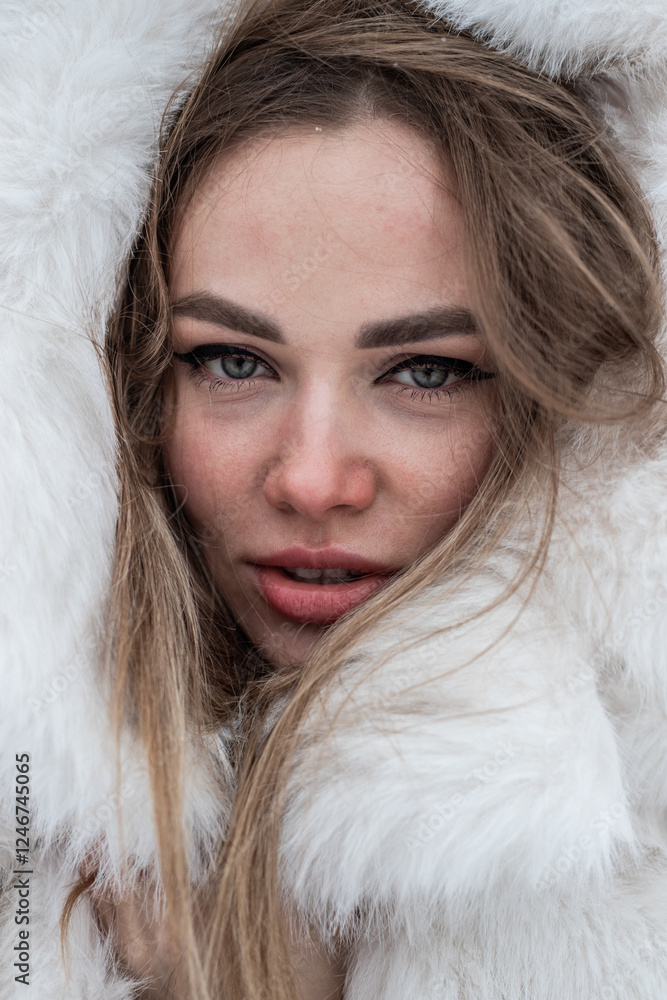 a close-up portrait of a blonde wrapped in a white fur coat a close-up portrait of a blonde wrapped in a white fur coat