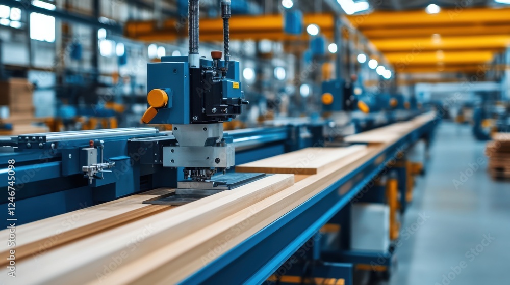 High-Tech Wood Processing Machine in Modern Factory with Wooden Planks on Production Line High-Tech Wood Processing Machine in Modern Factory with Wooden Planks on Production Line