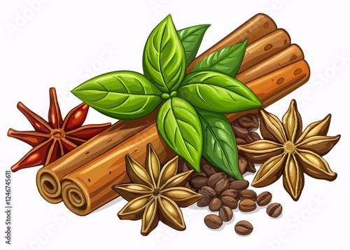 Detailed Illustration of Cinnamon Sticks, Star Anise, and Fresh Basil Leaves