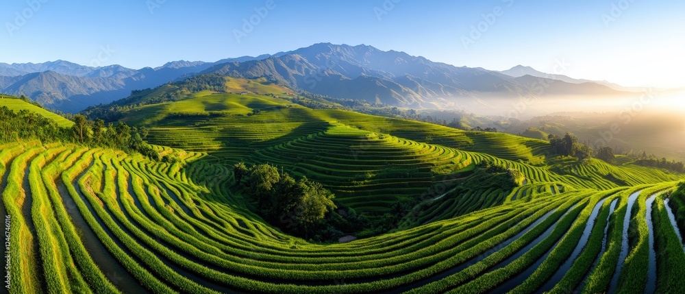 Fototapeta premium Mountain range featuring a series of agricultural terraces in a scenic landscape during daylight hours