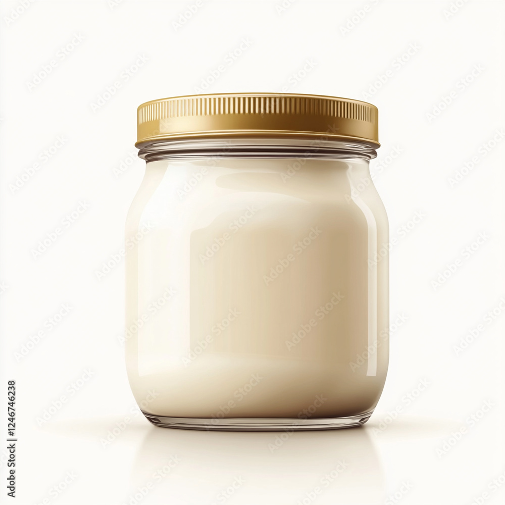 Delicious yogurt in a glass jar with a golden lid placed against a neutral background evoking a sense of freshness and quality Delicious yogurt in a glass jar with a golden lid placed against a neutral background evoking a sense of freshness and quality