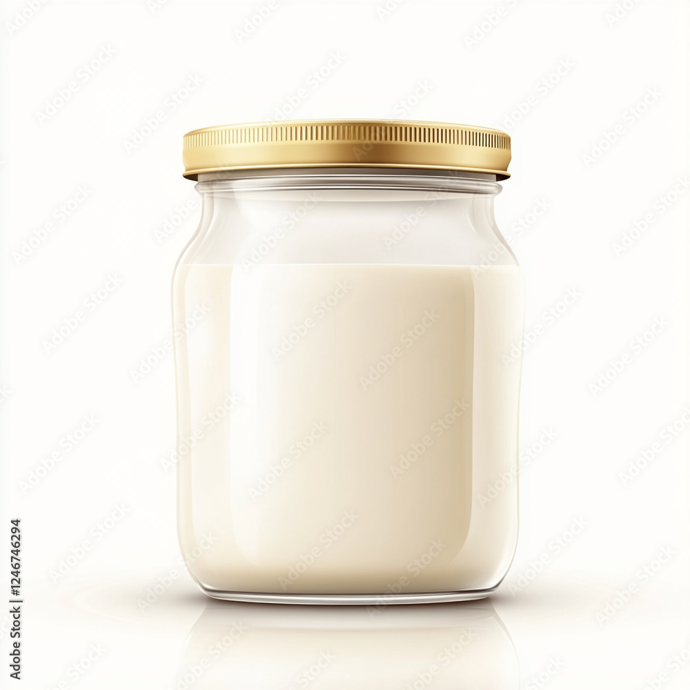 Delicious yogurt in a glass jar with a golden lid placed against a neutral background evoking a sense of freshness and quality Delicious yogurt in a glass jar with a golden lid placed against a neutral background evoking a sense of freshness and quality