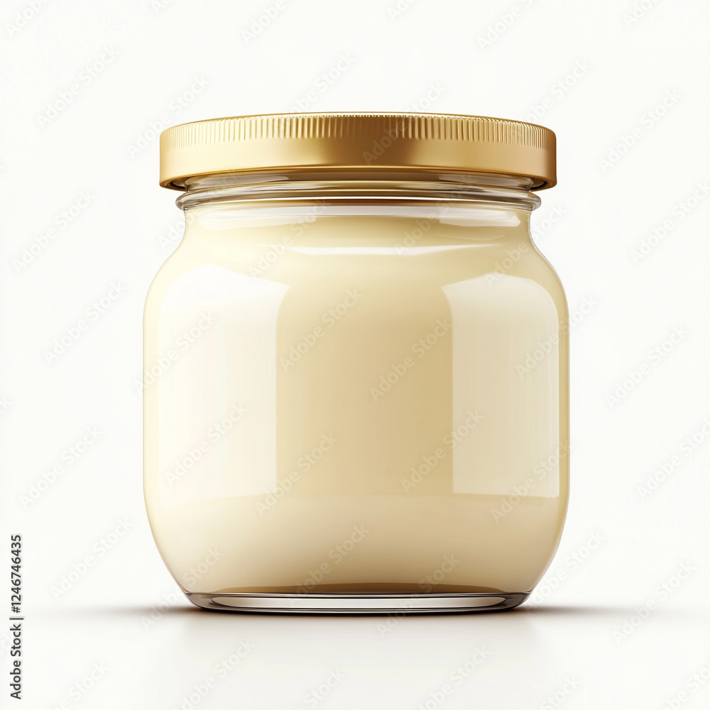 Delicious yogurt in a glass jar with a golden lid placed against a neutral background evoking a sense of freshness and quality Delicious yogurt in a glass jar with a golden lid placed against a neutral background evoking a sense of freshness and quality